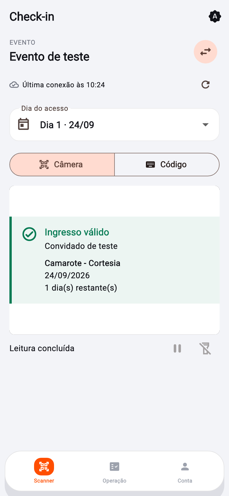 Confirmação de ingresso de teste no app de check-in